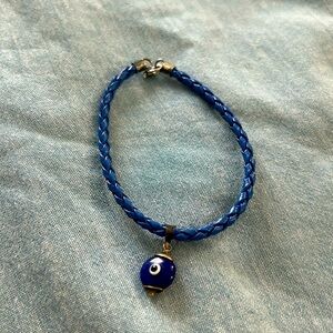 Blue gays leather rope pattern bracelet with evil eye charm 7” long